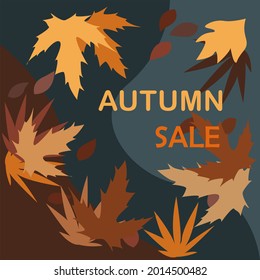 Autumn colorful sale banner with maple leaves on blue background