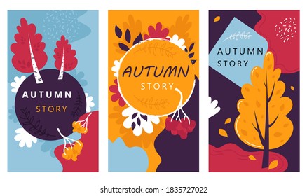 Autumn Colorful Sale Stories Set. Autumn Instagram Stories for your Promotion. Hand Drawn Illustration