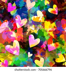 Autumn colorful seamless background with fallen leaves and hearts for web page, banners, fabric, home decor, wrapping. Oak leaves, birch, alder, beech, maple, aspen.