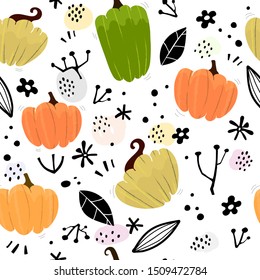 Autumn colorful seamless pattern with cartoon pumpkins, vector decorative elements. season. Design for fabric, print, textile, wrapping paper.
