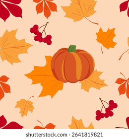Autumn colorful seamless pattern with fall leaves and pumpkin. Vector autumn background.