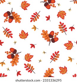 Autumn colorful seamless pattern with falling leaves and branch with acorns.Foliage of oak, maple and sophora.Background  for printing on fabric and paper.Vector cartoon illustration on a white.