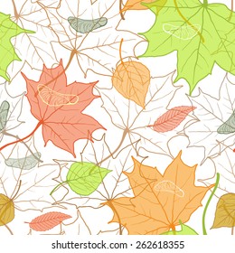 Autumn colorful seamless pattern with hand drawn fallen leaves. Vector sketch background. Seasonal design. Ready for wallpaper, pattern fills, textile fabric texture printing, background of web page