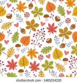 Autumn colorful seamless pattern with leaves, hazelnuts, mushrooms and acorns