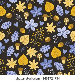 Autumn colorful seamless pattern with leaves, hazelnuts, mushrooms and acorns