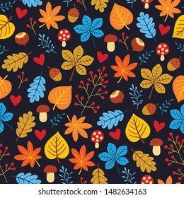 Autumn colorful seamless pattern with leaves, hazelnuts, mushrooms and acorns