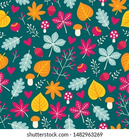 Autumn colorful seamless pattern with leaves, hazelnuts, mushrooms and acorns