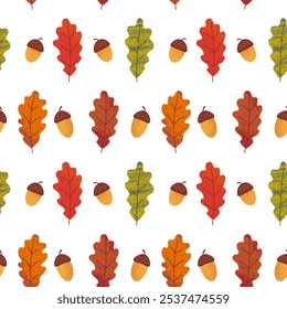 Autumn colorful seamless pattern with oak leaves and acorns on white background. Grunge texture effect. For wallpaper, textile, cover, wrapper, packaging. Trendy hand drawn style