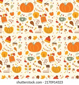 Autumn colorful seamless pattern with pumpkin, mug, book and leaves. Beautiful fall certoon drawings collection