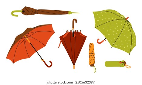 Autumn colorful set of different umbrellas. Vector illustration. Bright flat season collection isolated on a white background