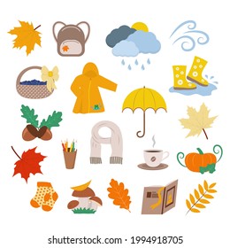 Autumn colorful set: falling leaves, pumpkin, raincoat, rainy clouds, umbrella, acorns, scarf, etc. Fall season elements. Cartoon vector illustration