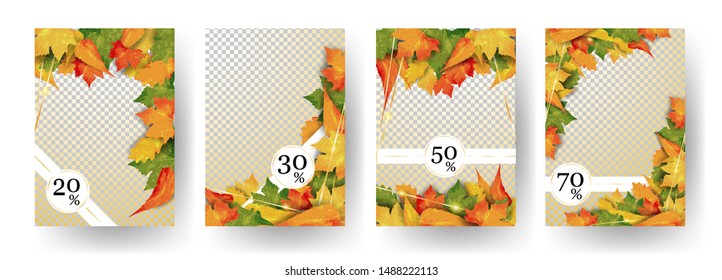 Autumn colorful shine leaves. Set of Leaf frames on transparent background with bright autumn red orange leaves. Can be used, flyers, banners, web, presentations, reports. Vector illustration. EPS 10.