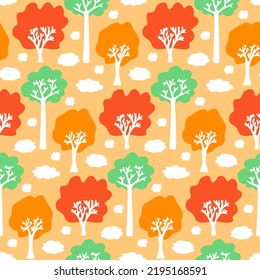 Autumn colorful tree for fabric print. Bright positive forest seamless pattern. Orange woodland for textile, web wallpaper,  cover. Ginger, red, green crown, white trunk. Vector illustration of nature