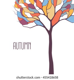 Autumn colorful tree on white background, vector autumn illustration  stylized mosaics or stained glass