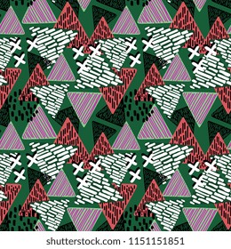 Autumn colorful triangle abstract multicolor pattern. Geometrical hand drawn seamless background for fashion and textile print.