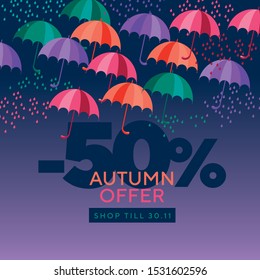 Autumn colorful umbrellas composition. Fall design element for card, header, invitation, poster, social media, post publication. Fall foliage on red background. 
