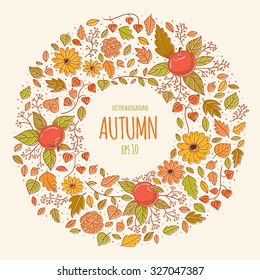 Autumn colorful vector  background with leaves,plants and flowers.Template for design of cards, banners and leaflets.Hand drawn illustration.