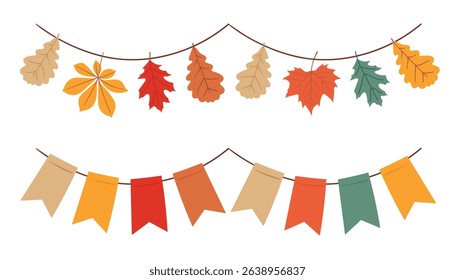 Autumn colorful vector garland with colorful leaves and small flags in fall colors