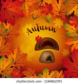 Autumn colorful vector illustration with red, orange, green maple leaves and mushroom, background and wallpaper for your design.