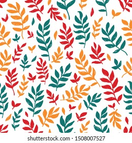 Autumn colorfull leaves seamless pattern. Decorative illustration, good for printing.  
Great for label, print, packaging, fabric. Leaves seamless pattern background. 