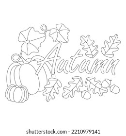 Autumn coloring book page for children. Pumpkins, oak leaves and acorns. Vector illustration