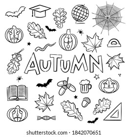 Autumn coloring. Elements for seasonal calendar. Hand-drawn doodle objects isolated on white background. Vector illustration for yearbooks and calendars.
