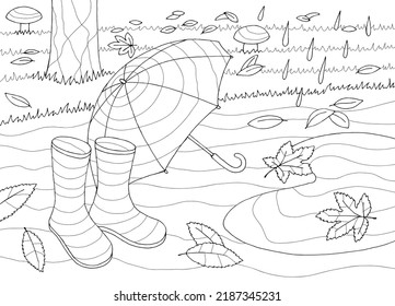 Autumn coloring graphic black white landscape sketch illustration vector