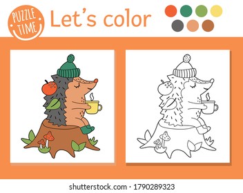 Autumn coloring page for children. Cute funny hedgehog with cup of tea sitting on the tree stump. Vector fall season outline illustration. Forest animal color book for kids with colored example
