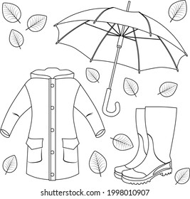 Autumn coloring set: raincoat, boots, umbrella and leaves. Vector illustration.