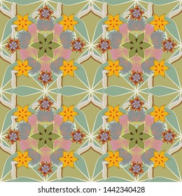 Autumn colors. Abstract seamless vector pattern with hand drawn floral elements. 1950s-1960s motifs. Retro textile design collection. Silk scarf with blooming flowers in blue, yellow and beige colors.