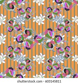 Autumn colors. Abstract seamless vector pattern with hand drawn floral elements. 1950s-1960s motifs. Silk scarf with blooming flowers in green and blue colors. Retro textile design collection.