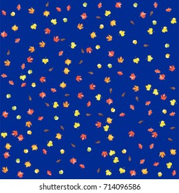 Autumn colors confetti background with scattered maple leaves. Vector illustration for print, textile, paper