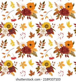 Autumn colors floral arrangements seamless pattern with burgundy, orange, yellow flowers, and dry forest leaves. Isolated on white background. Fall season wallpaper.