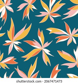 Autumn colors floral seamless pattern. Colorful abstract vector flat illustration of abstract leaves and flowers perfect for packaging or background.