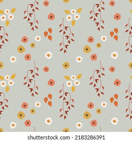 Autumn Colors Flowers And Leaves Seamless Pattern. Fall Floral Ornament For Print.
