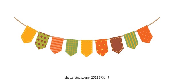 Autumn colors party flag garland on white background.