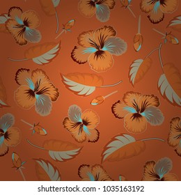 Autumn colors. Retro textile design collection. 1950s-1960s motifs. Abstract seamless vector pattern with hand drawn floral elements. Silk scarf with hibiscus flowers in orange, beige and red colors.