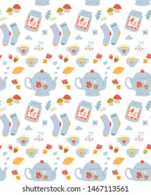 Autumn colors seamless vector background, maple leaves, tea pot and oak in warm fall pallette. Hand drawn texture, good for wrapping paper or textile print