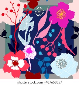 Autumn colors. Silk scarf with blooming flowers. Abstract seamless vector pattern with hand drawn floral elements. 1950s-1960s motifs. Retro textile design collection. Red, white, pink on blue.