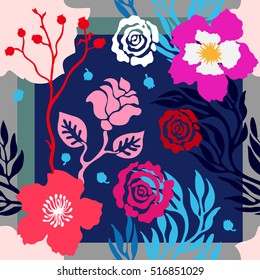 Autumn colors. Silk scarf with blooming roses. Abstract seamless vector pattern with hand drawn floral elements. 1950s-1960s motifs. Retro textile design collection. Red, blue, pink on dark blue.