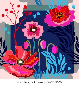 Autumn colors. Silk scarf with blooming poppies. Abstract seamless vector pattern with hand drawn floral elements. 1950s-1960s motifs. Retro textile design collection. Red, blue, pink on dark blue.