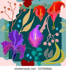 Autumn colors. Silk scarf with blooming irises and callas. Abstract seamless vector pattern with floral elements. 1950s-1960s motifs. Retro textile design collection. Red, blue, pink on green.