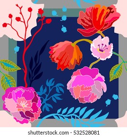 Autumn colors. Silk scarf with blooming poppies and peonies. Seamless vector pattern with hand drawn floral elements. 1950s-1960s motifs. Retro textile design collection. Red, white, pink on blue.