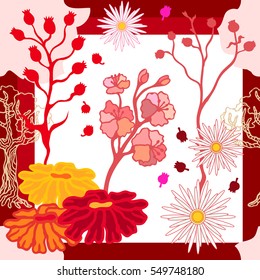 Autumn colors. Silk scarf with blooming daisies. Abstract seamless vector pattern with hand drawn floral elements. 1950s-1960s motifs. Retro textile design collection. Red, yellow, pink on white.