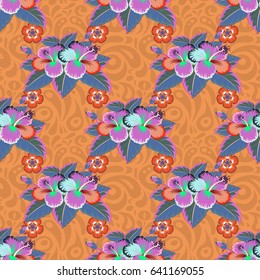 Autumn colors. Silk scarf with blooming flowers in red and violet colors. 1950s-1960s motifs. Retro textile design collection. Abstract seamless vector pattern with hand drawn floral elements.