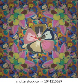 Autumn colors. Silk scarf with cosmos flowers in yellow, pink and blue colors. 1950s-1960s motifs. Retro textile design collection. Abstract seamless vector pattern with hand drawn floral elements.