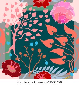 Autumn colors. Silk scarf with fantasy tree, hearts, peonies. Abstract seamless vector pattern with hand drawn floral elements. 1950s-1960s motifs. Retro textile collection. Red, blue, pink on green.
