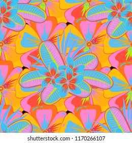 Autumn colors. Silk scarf with plumeria flowers in pink, yellow and blue colors. 1950s-1960s motifs. Retro textile design collection. Abstract seamless vector pattern with hand drawn floral elements.