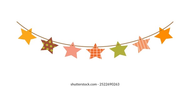 Autumn colors star shaped decoration garland on white background.