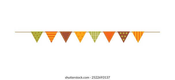 Autumn colors triangle party flag garland on white background.	